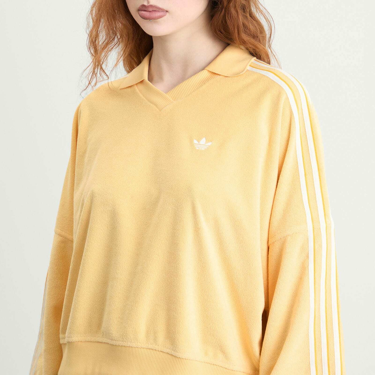 Adidas Women's Terry Towel V Neck Polo Top in Orange Tint