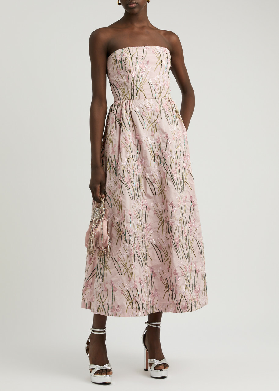 Bernadette Dette Strapless Floral-embroidered Taffeta Midi Dress Multi Print