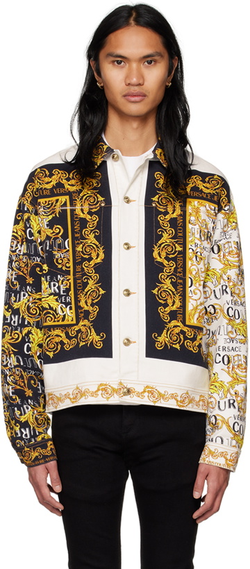 Photo: Versace Jeans Couture White & Yellow Printed Denim Jacket