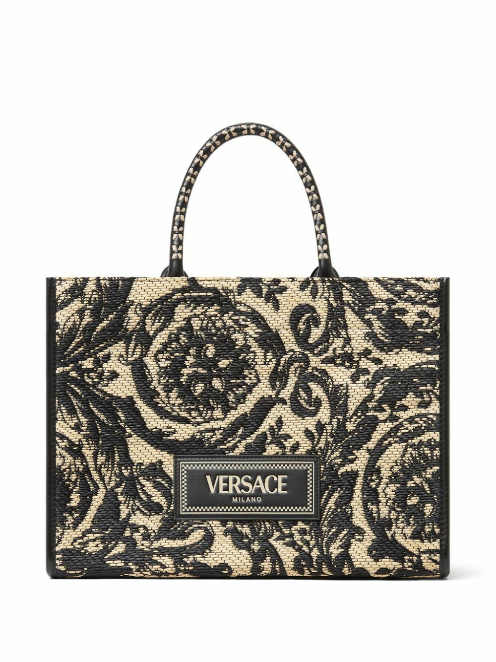 Versace Black Barocco Athena Medium Raffia Tote Bag