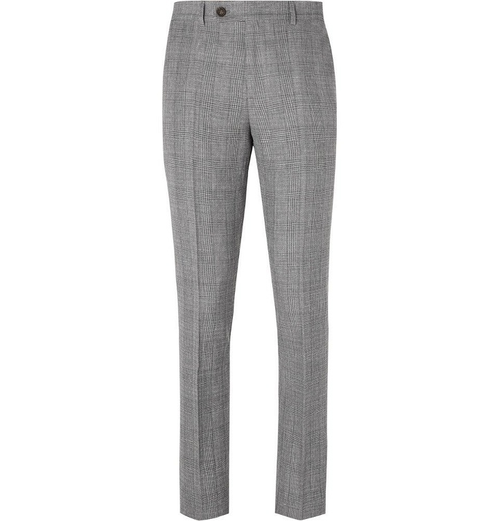 Photo: Brunello Cucinelli - Grey Slim-Fit Prince of Wales Checked Wool, Linen and Silk-Blend Trousers - Gray