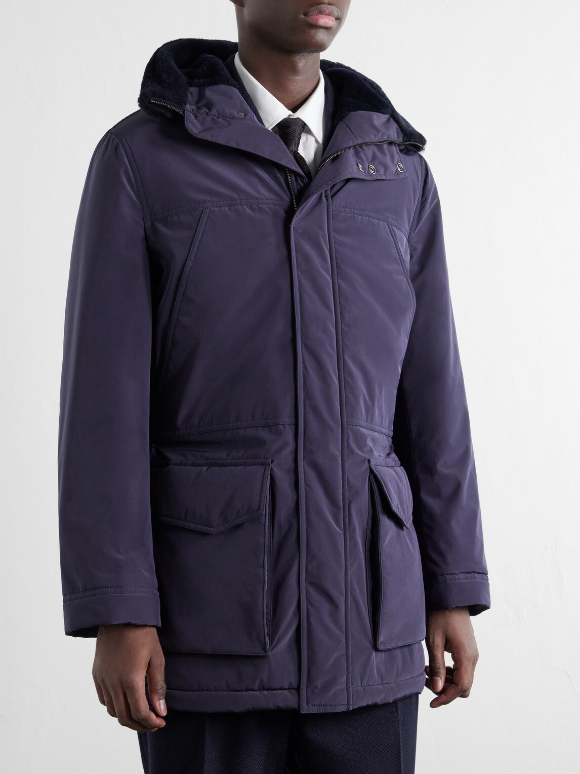 Brunello Cucinelli - Hooded Padded Shearling-Trimmed Shell Coat - Blue