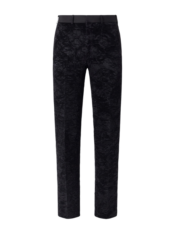 Photo: TOM FORD - Crepe-Trimmed Silk Astracan Plissé Straight-Leg Suit Trousers - Black