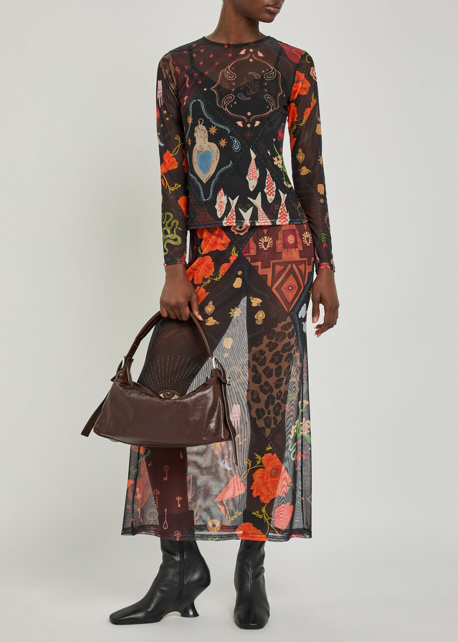 Never Fully Dressed Dorris Printed Mesh Midi Skirt Black