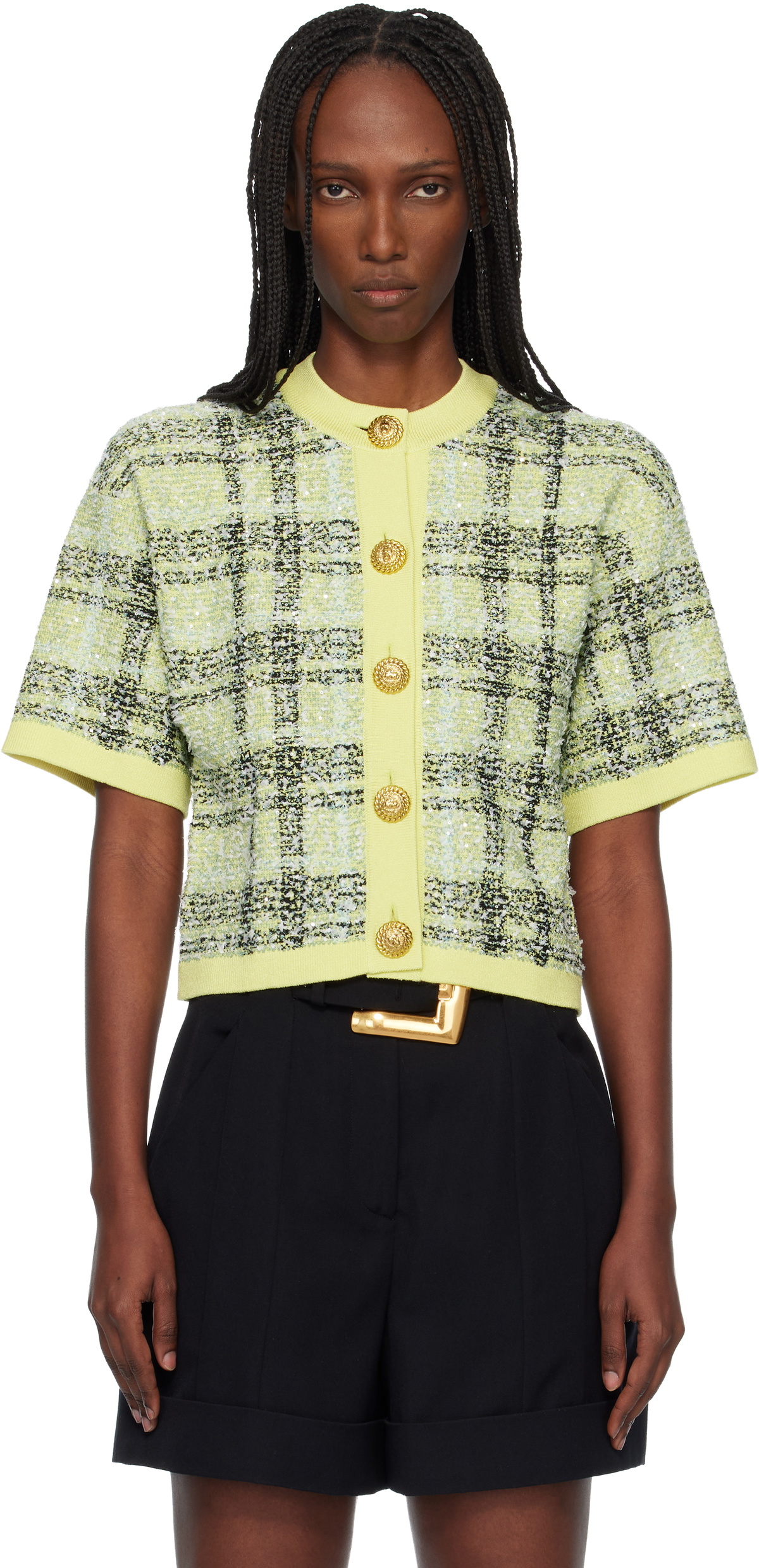 BALMAIN Yellow Buttoned Shiny Light Tweed Cardigan