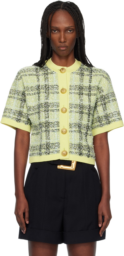 Photo: BALMAIN Yellow Buttoned Shiny Light Tweed Cardigan