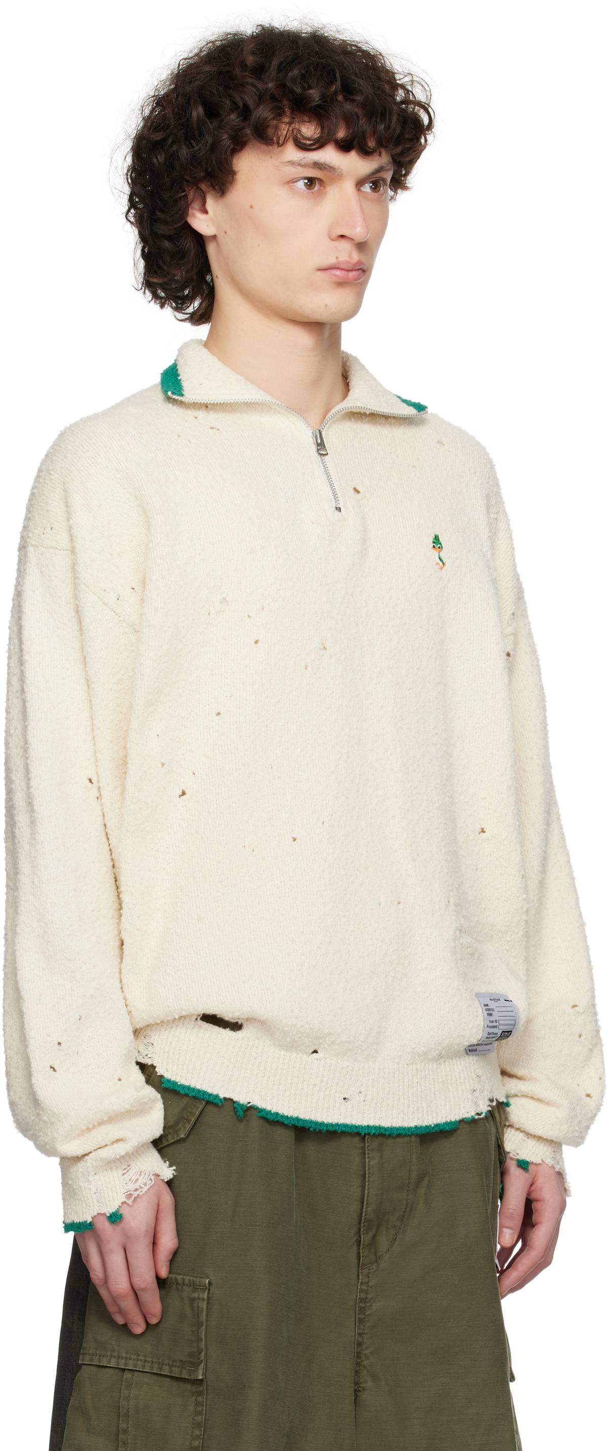 Maison MIHARA YASUHIRO Off-White Distressed Knit Half Zip Sweater 