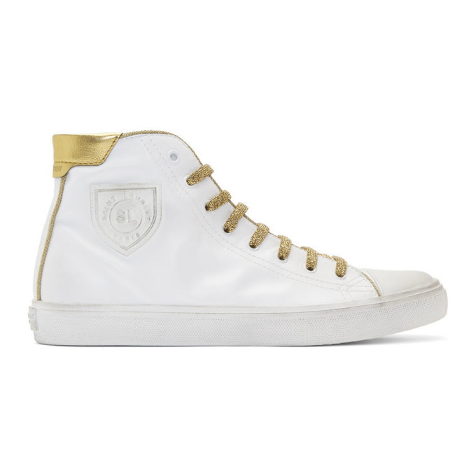 Photo: Saint Laurent White and Gold Used-Leather Bedford Sneakers