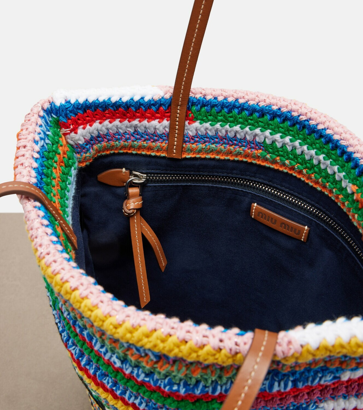 Miu Miu Leather-trimmed crochet cotton tote bag
