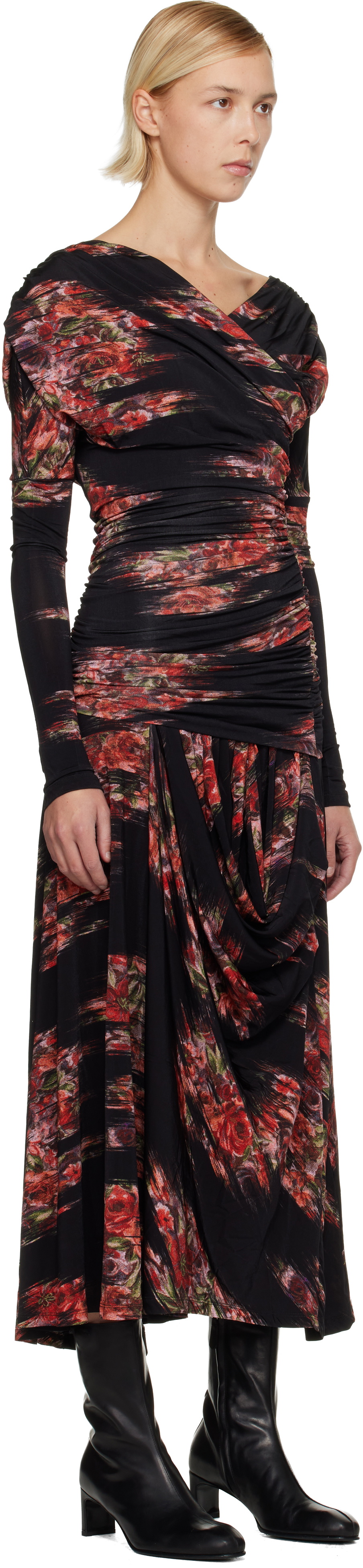 GANNI Black Floral Ruched Maxi Dress