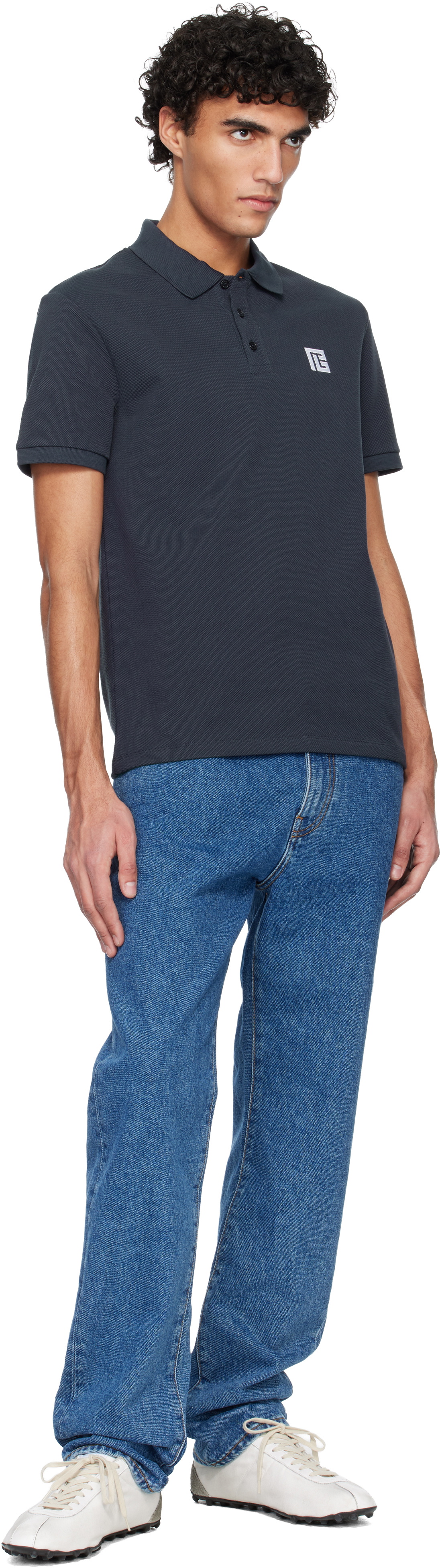 Balmain Navy Embroidered Cotton Polo