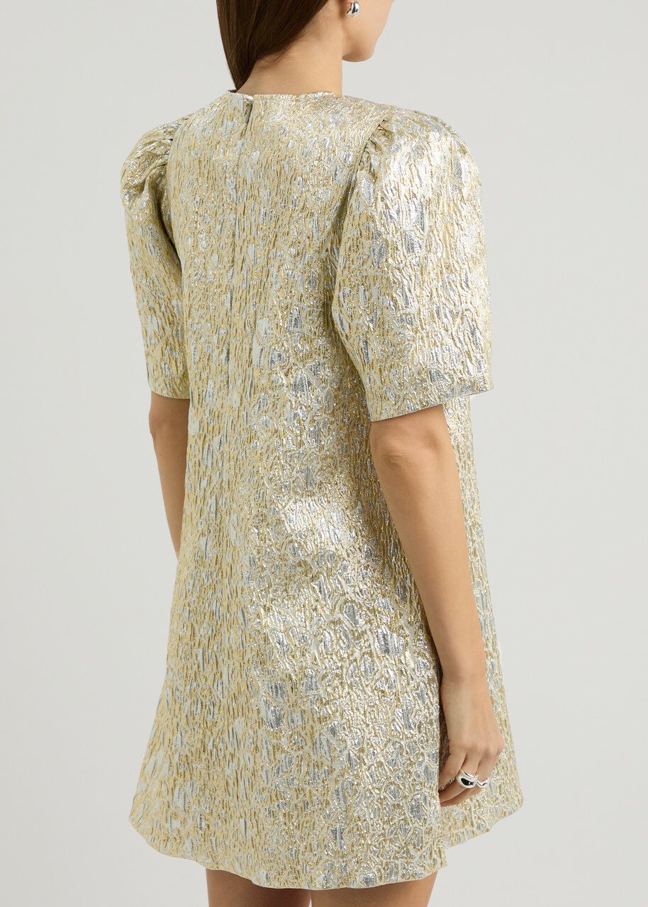 Ganni Metallic Cloqu Mini Dress Gold GANNI Ganni Metallic Cloqu Mini Dress Gold GANNI