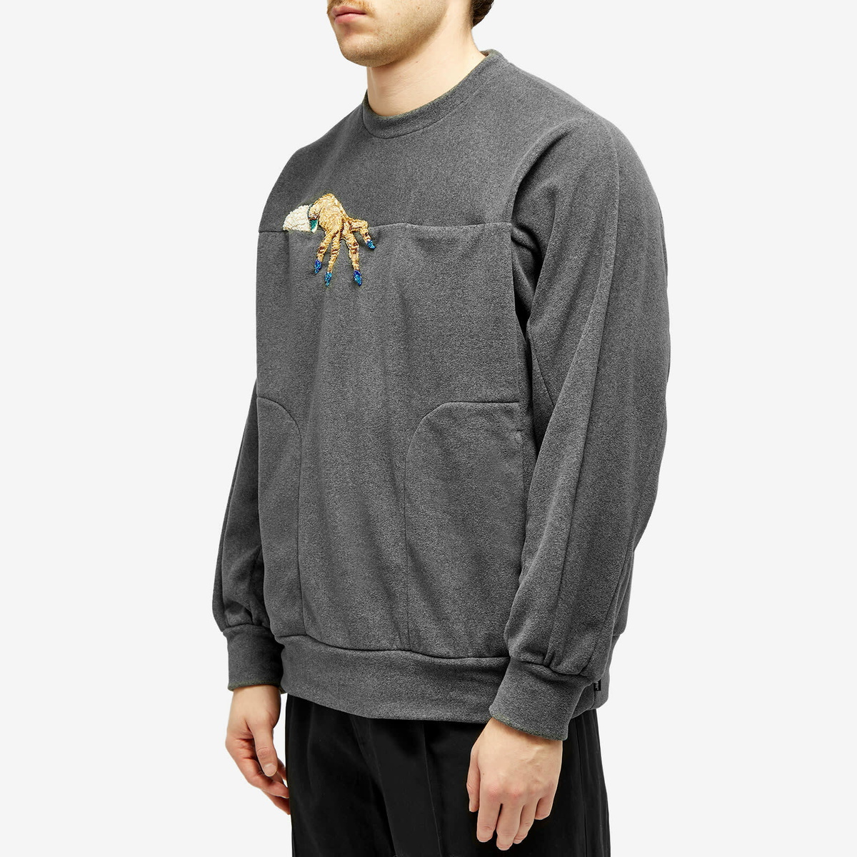 Undercover Men's Embroidered Hand Crew Knit in Charcoal Undercover