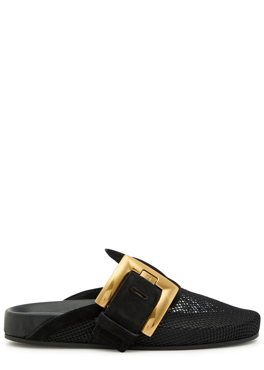 Balmain Oversized Buckle Suede Mules Black