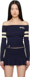 MISBHV Navy Varsity Off-Shoulder Longsleeve T-shirt