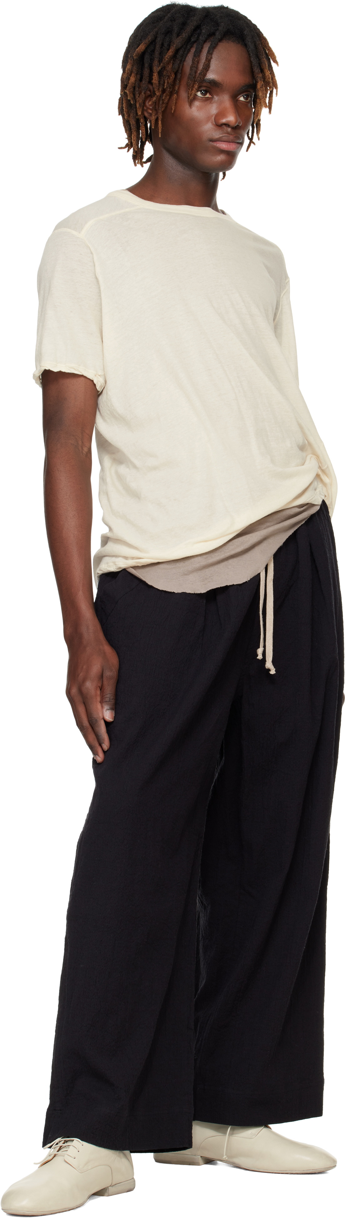 Jan-Jan Van Essche Black O-Project Cotton Linen Seersucker Wide Trousers