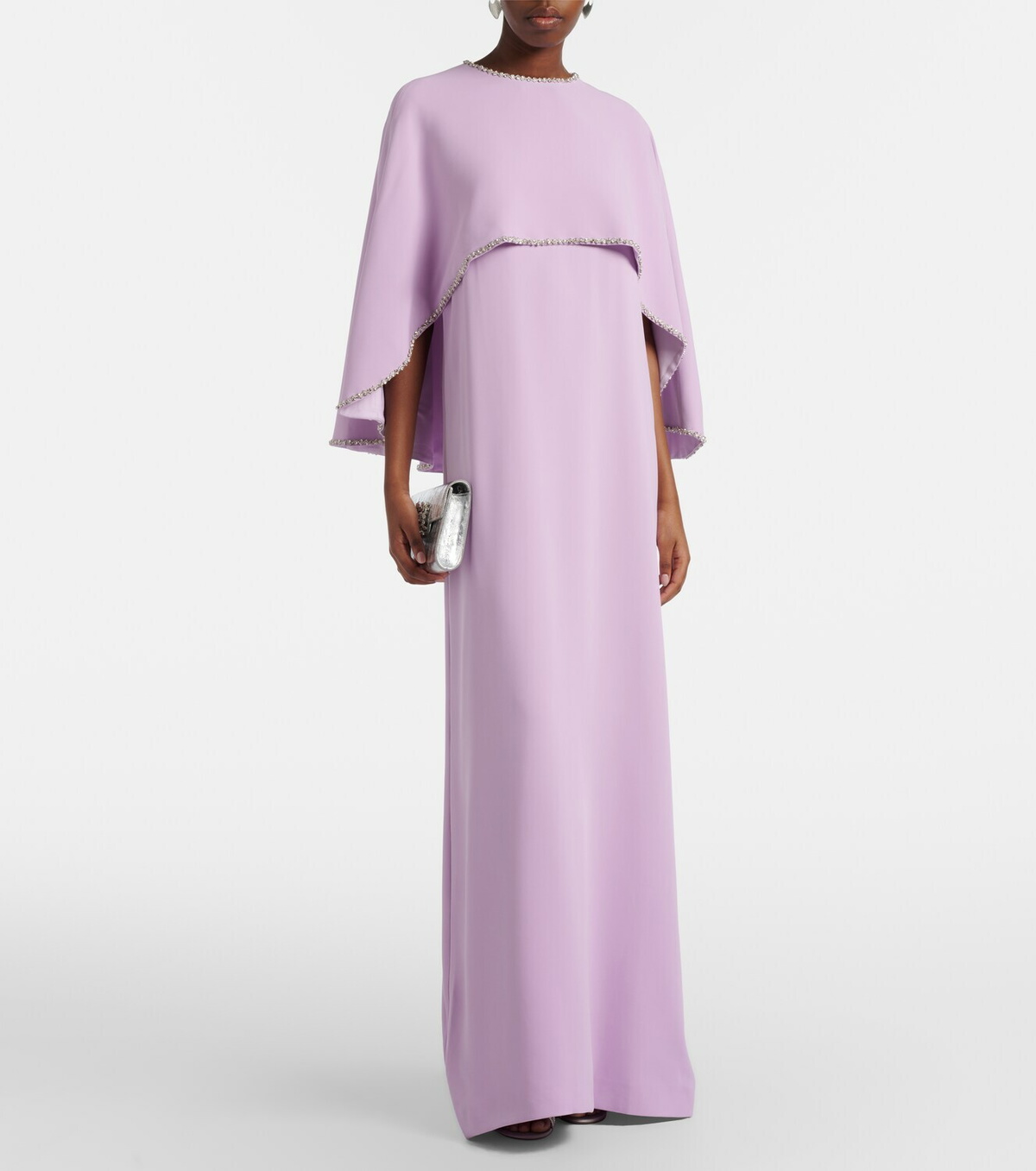 Costarellos Crystal-embellished caped gown