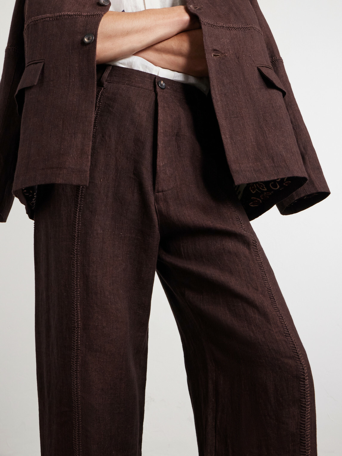 Kartik Research - Rabari Embroidered Straight-Leg Linen Suit Trousers - Brown
