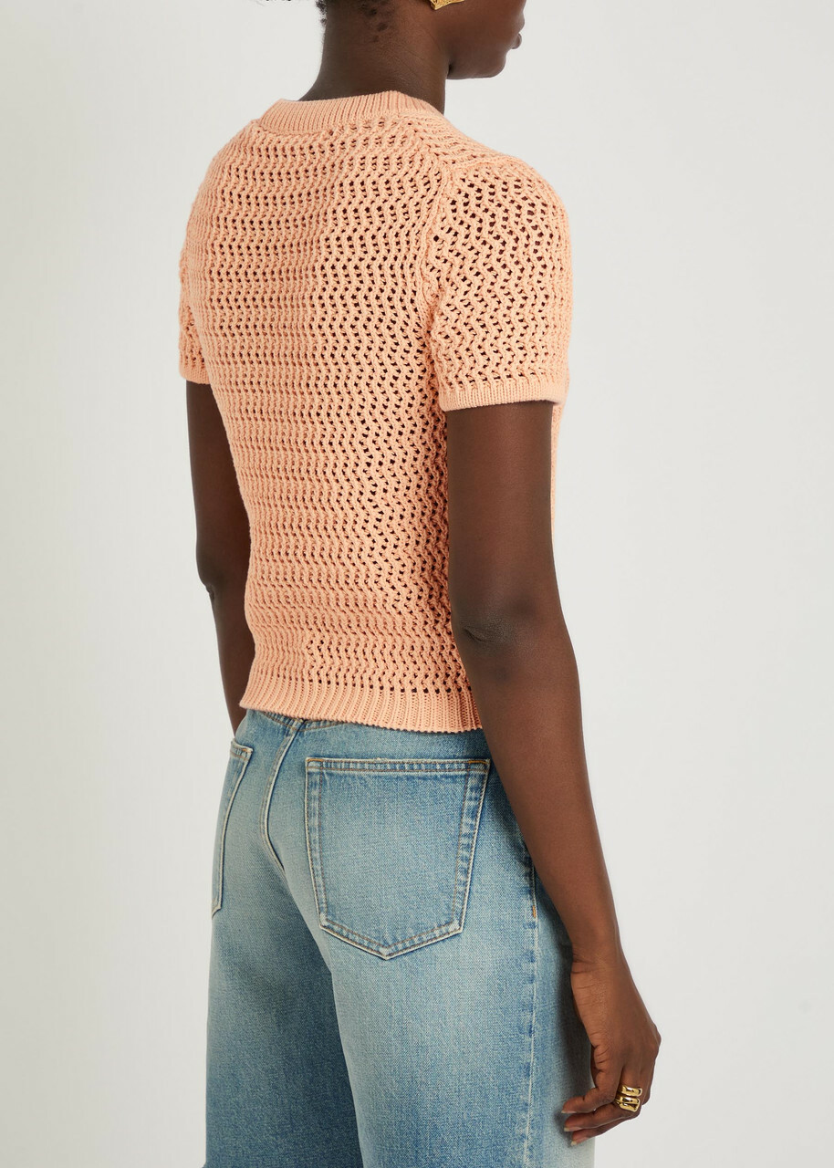 Chloe Logo-intarsia Open-knit Cotton T-shirt Orange Light