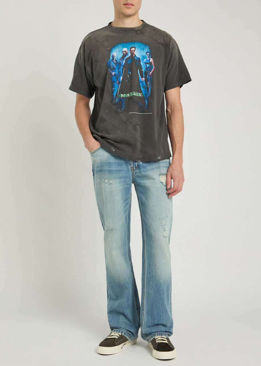 Saint Mxxxxxx The Matrix Printed Distressed Cotton T-shirt Black