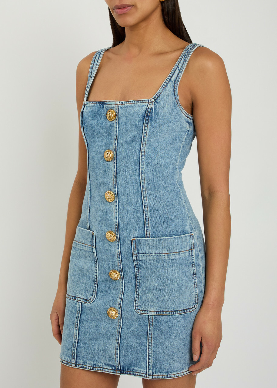 Balmain Button-embellished Stretch-denim Mini Dress Light Blue