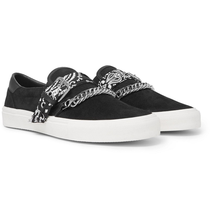 Photo: AMIRI - Embellished Leather-Trimmed Suede Slip-On Sneakers - Black