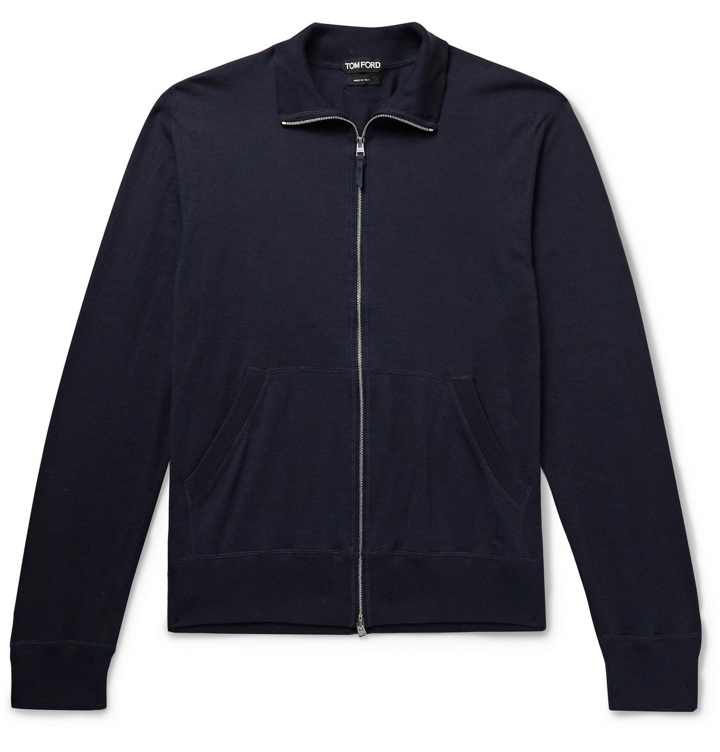 Photo: TOM FORD - Cotton, Silk and Cashmere-Blend Jersey Zip-Up Cardigan - Blue