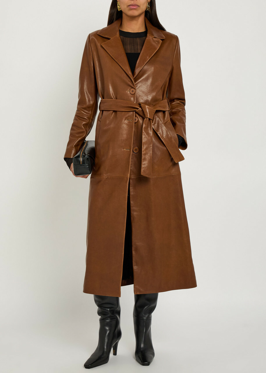 Nour Hammour Scarlett Belted Leather Trench Coat Brown