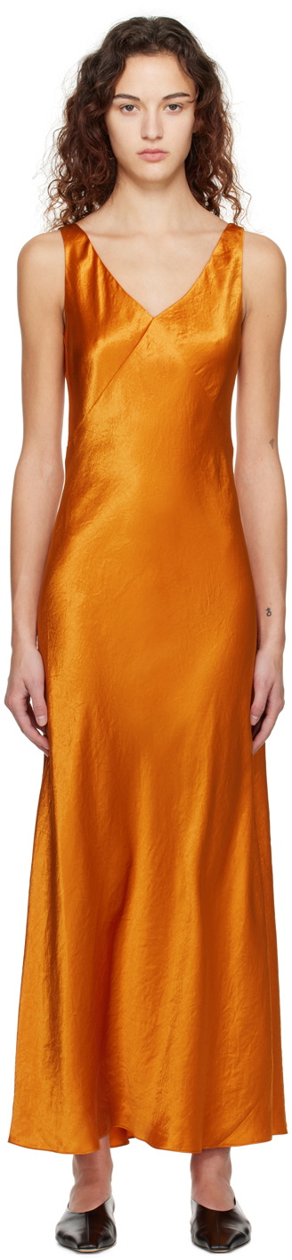 vince orange dress Vince Orange V-Neck Midi Dress Vince