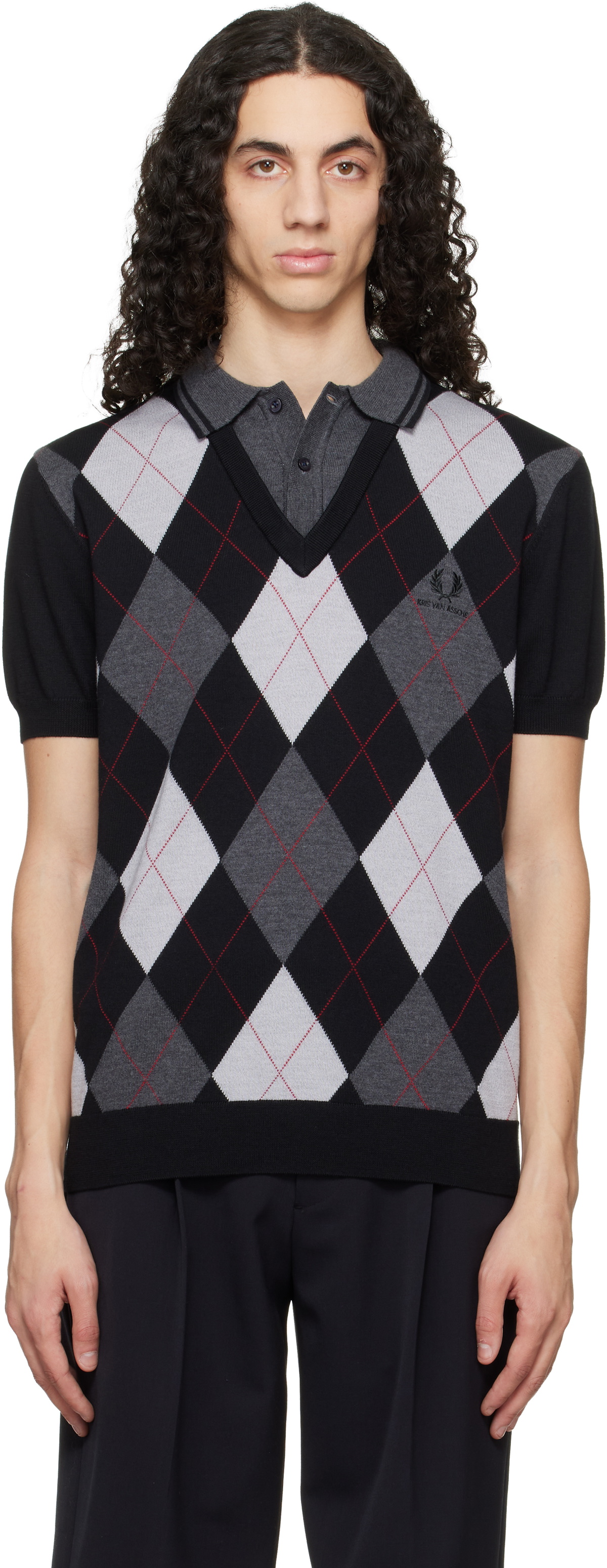 Fred Perry Black & Gray Kris Van Assche Edition Argyle Knitted Polo