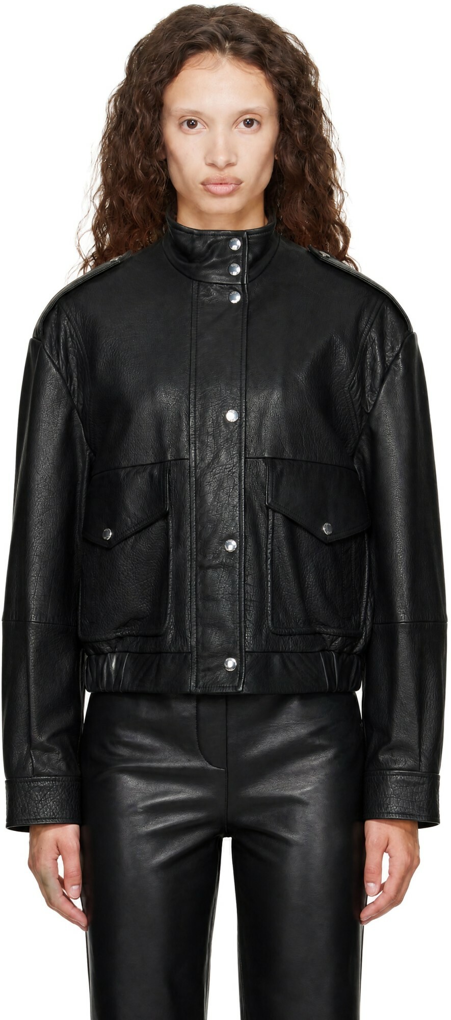 BOSS Black Stand Collar Grained Leather Jacket