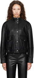 BOSS Black Stand Collar Grained Leather Jacket