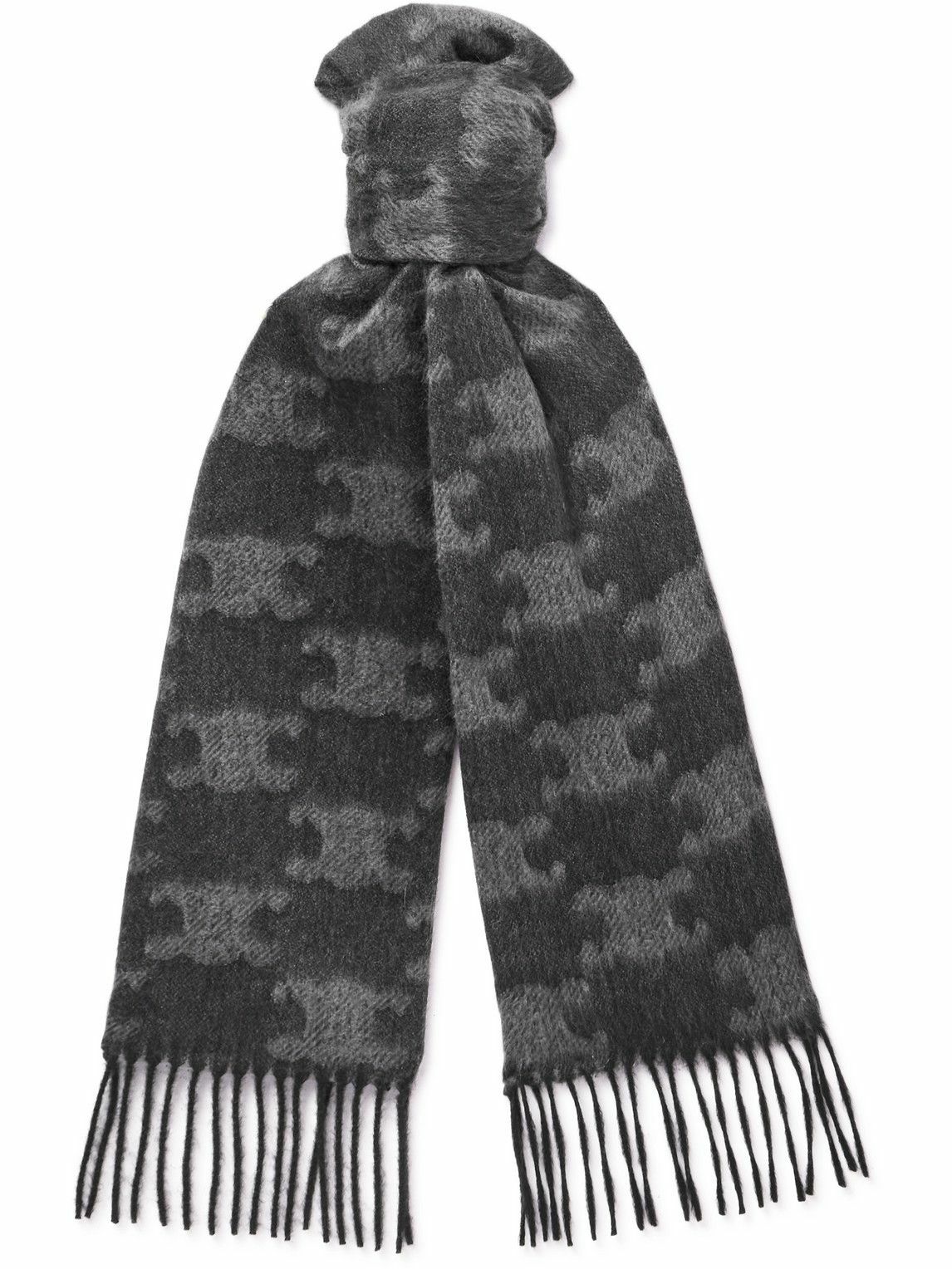 CELINE - Triomphe Fringed Monogrammed Jacquard-Knit Cashmere Scarf