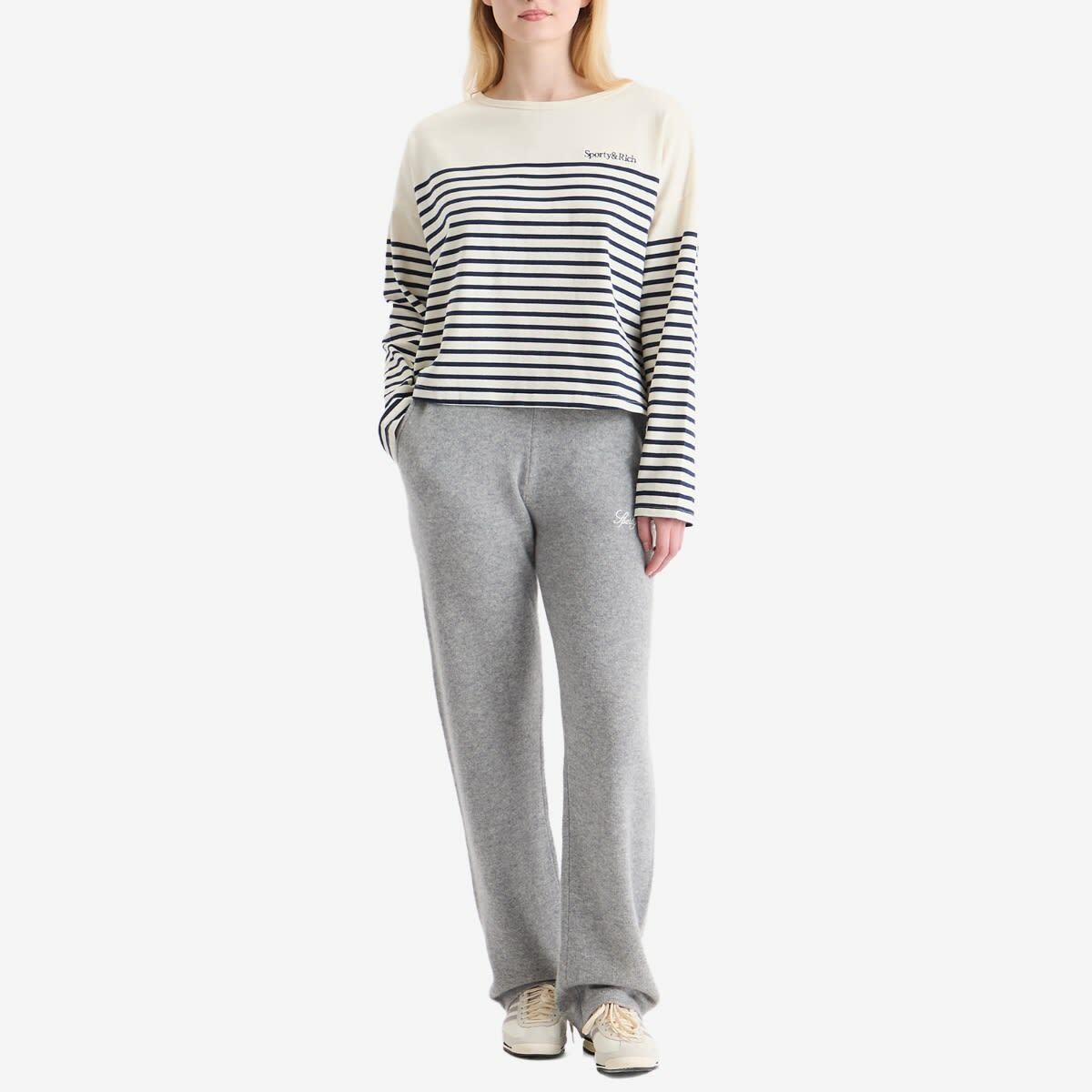 Sporty & Rich Women's Serif Logo Mariniere Sweater in Off White/Navy Strip Navy