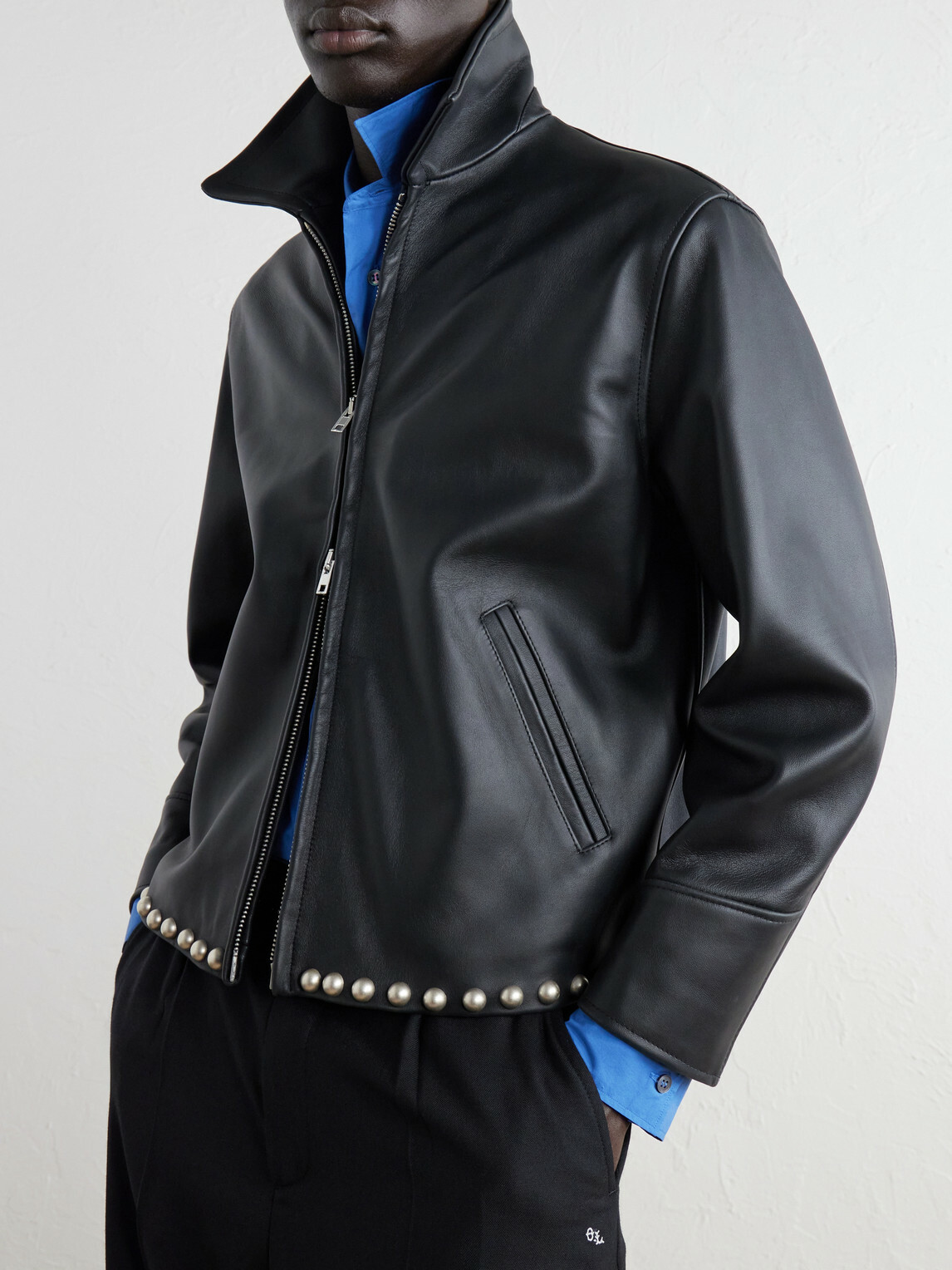 SECOND / LAYER - Rider Embellished Leather Jacket - Black