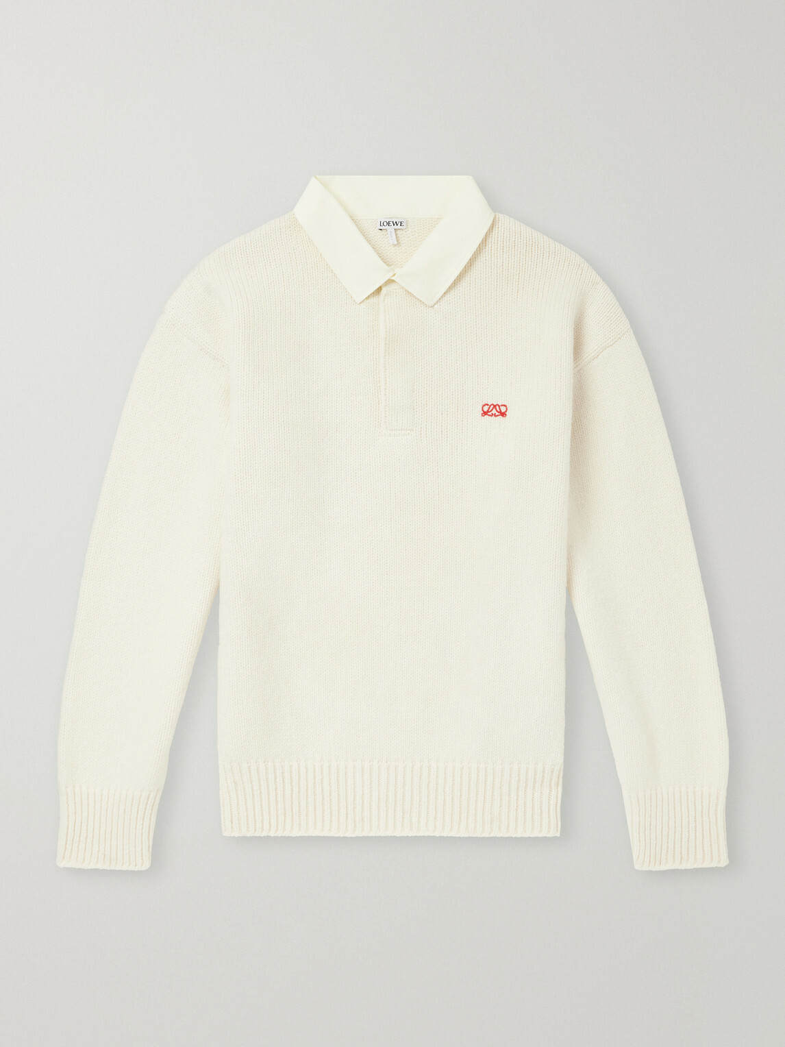 LOEWE - Anagram-Embroidered Cotton Twill-Trimmed Wool-Blend Polo Sweater - Neutrals