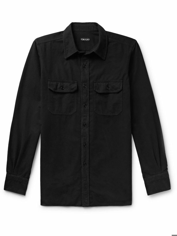 Photo: TOM FORD - Panama Garment-Dyed Brushed-Cotton Shirt - Black