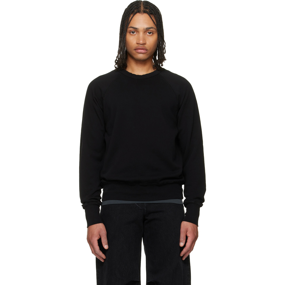 Les Tien Black French Terry Binded Neck Raglan Sweatshirt