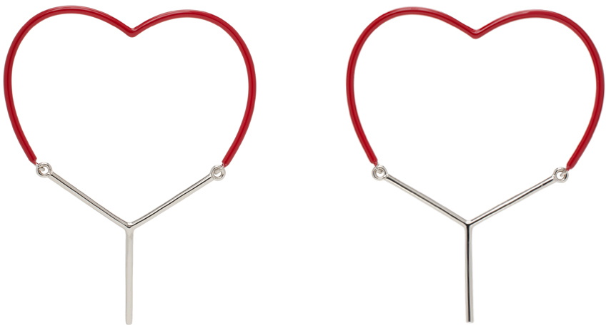 Y/Project Red & Silver Mini Y Heart Earrings