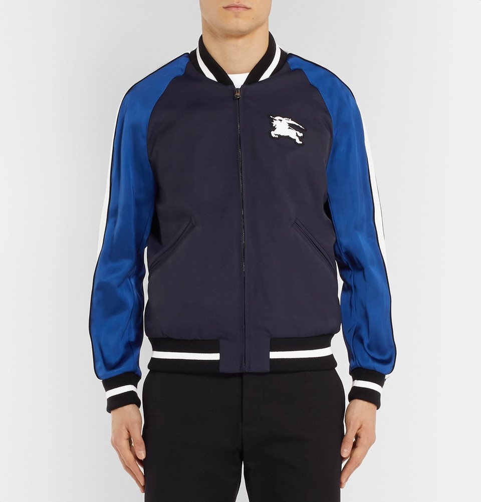 Burberry - Logo-Appliquéd Striped Satin and Twill Bomber Jacket - Navy ...