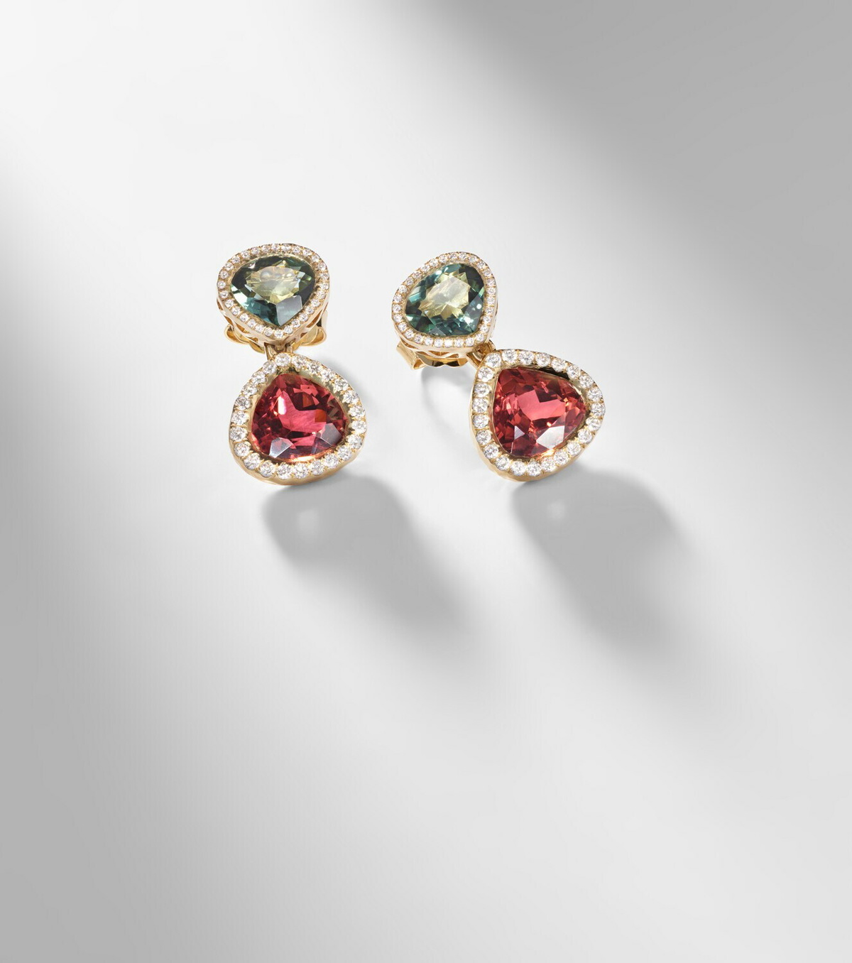 Octavia Elizabeth Two Drop Kaleidoscope 18kt gold earrings with tourmalines and diamonds