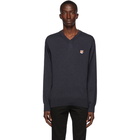 Maison Kitsune Navy Wool Fox Head V-Neck Sweater