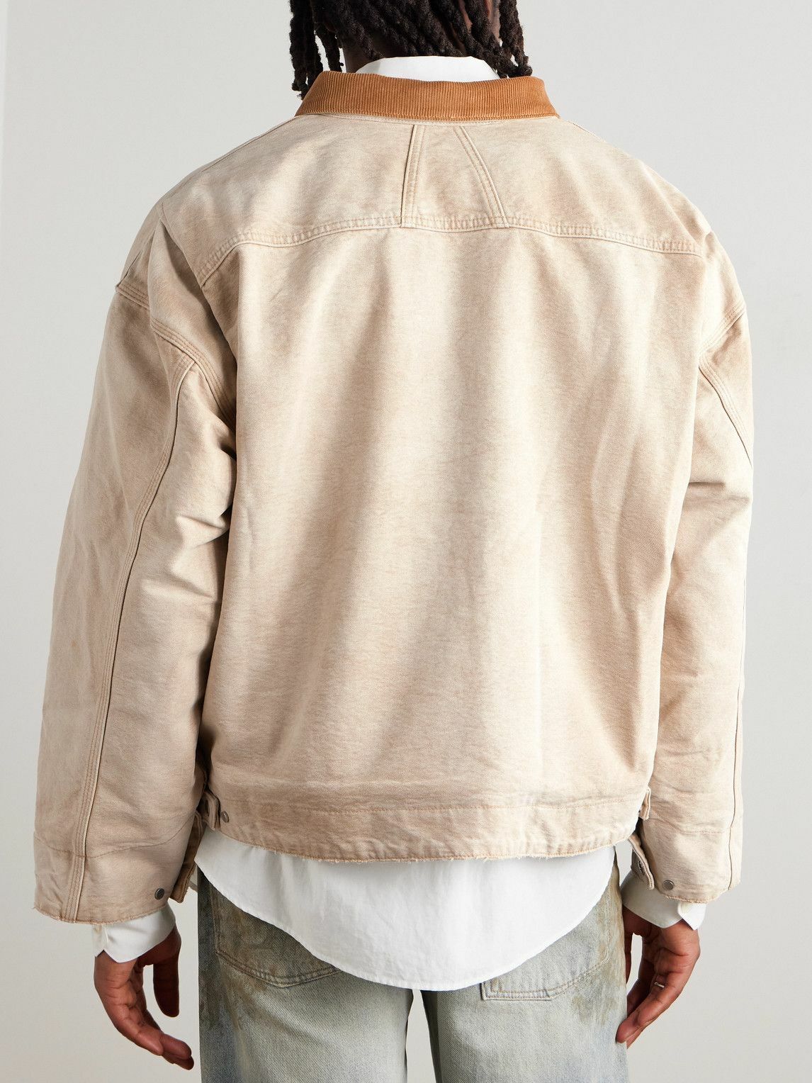 Rhude - Corduroy-Trimmed Logo-Print Distressed Cotton-Canvas Bomber Jacket - Neutrals