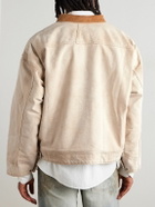 Rhude - Corduroy-Trimmed Logo-Print Distressed Cotton-Canvas Bomber Jacket - Neutrals