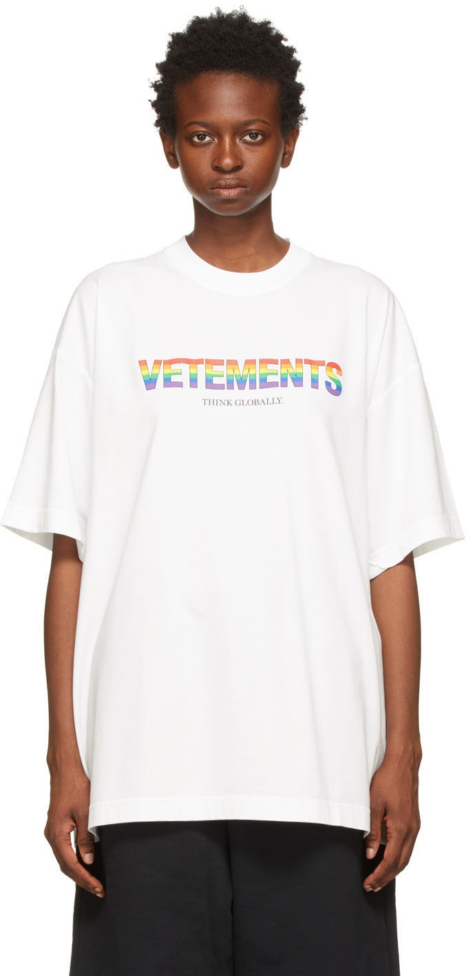 VETEMENTS White 'Think Globally' Logo T-Shirt Vetements