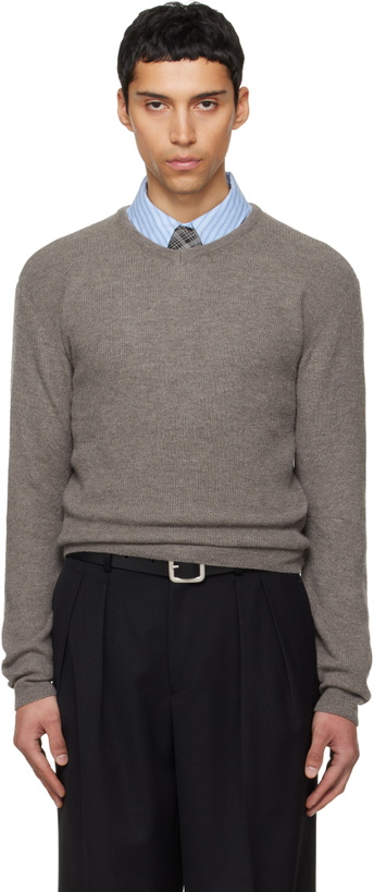 Photo: TONYWACK Taupe Superfine Wool Commando V-Neck Knit Sweater