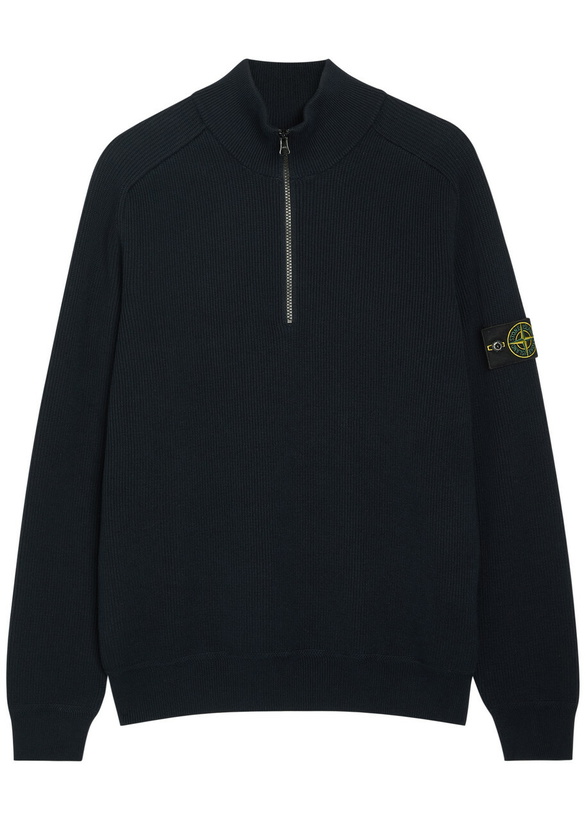 Photo: Stone Island Logo-appliquéd Half-zip Ribbed Cotton-knit Jumper Navy