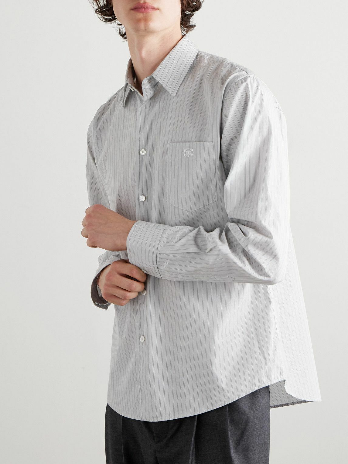 CELINE - Logo-Embroidered Striped Cotton-Poplin Shirt - Gray