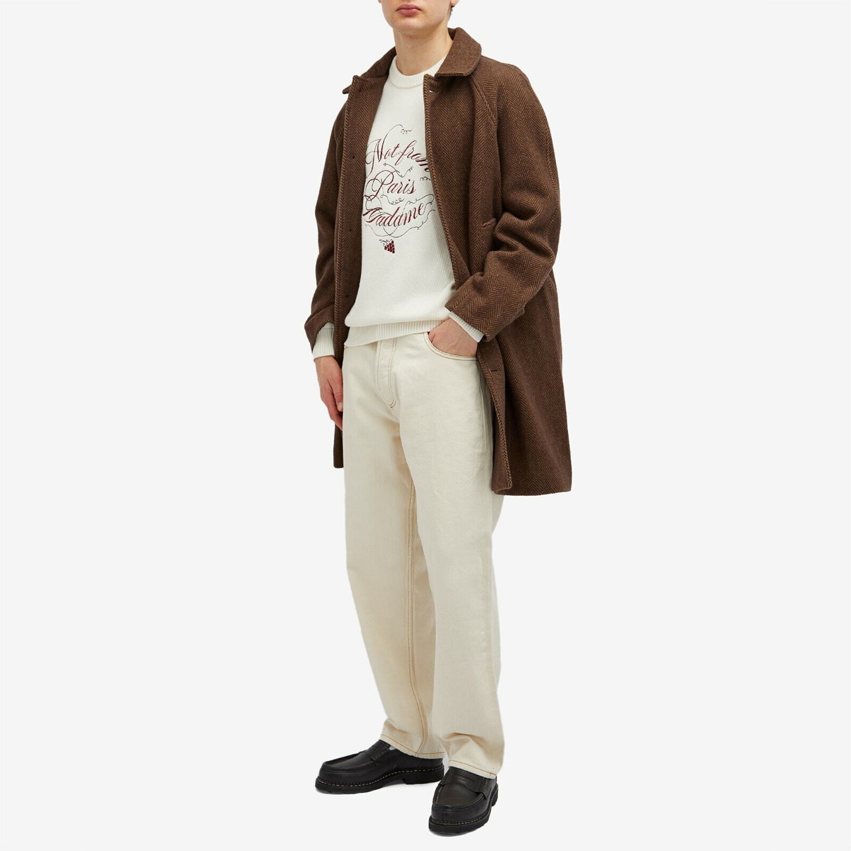 Drôle de Monsieur Men's Not From Paris Madame Caligraphy Crew Knit in Cream