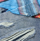 Greg Lauren - Panelled Cotton-Blend Waffle-Knit, Flannel and Denim Jacket - Blue
